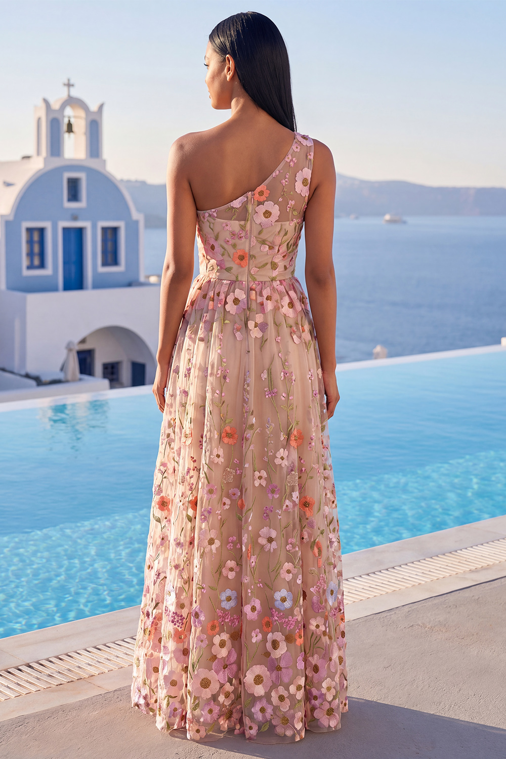Champagne Floral A Line One Shoulder Long Formal Dress with Slit