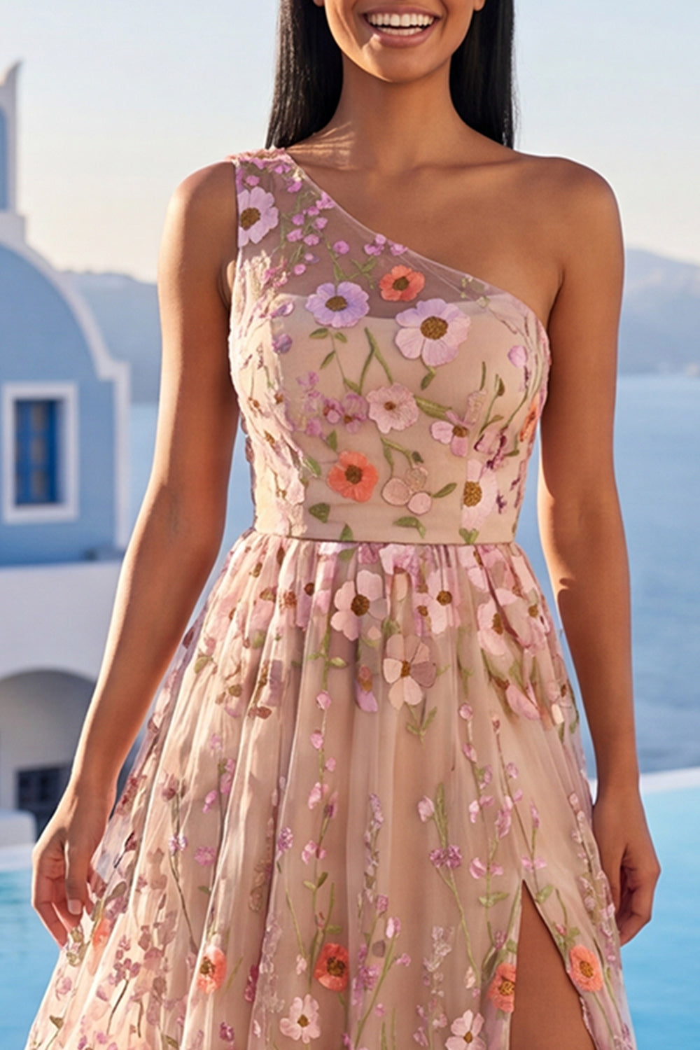 Champagne Floral A Line One Shoulder Long Formal Dress with Slit