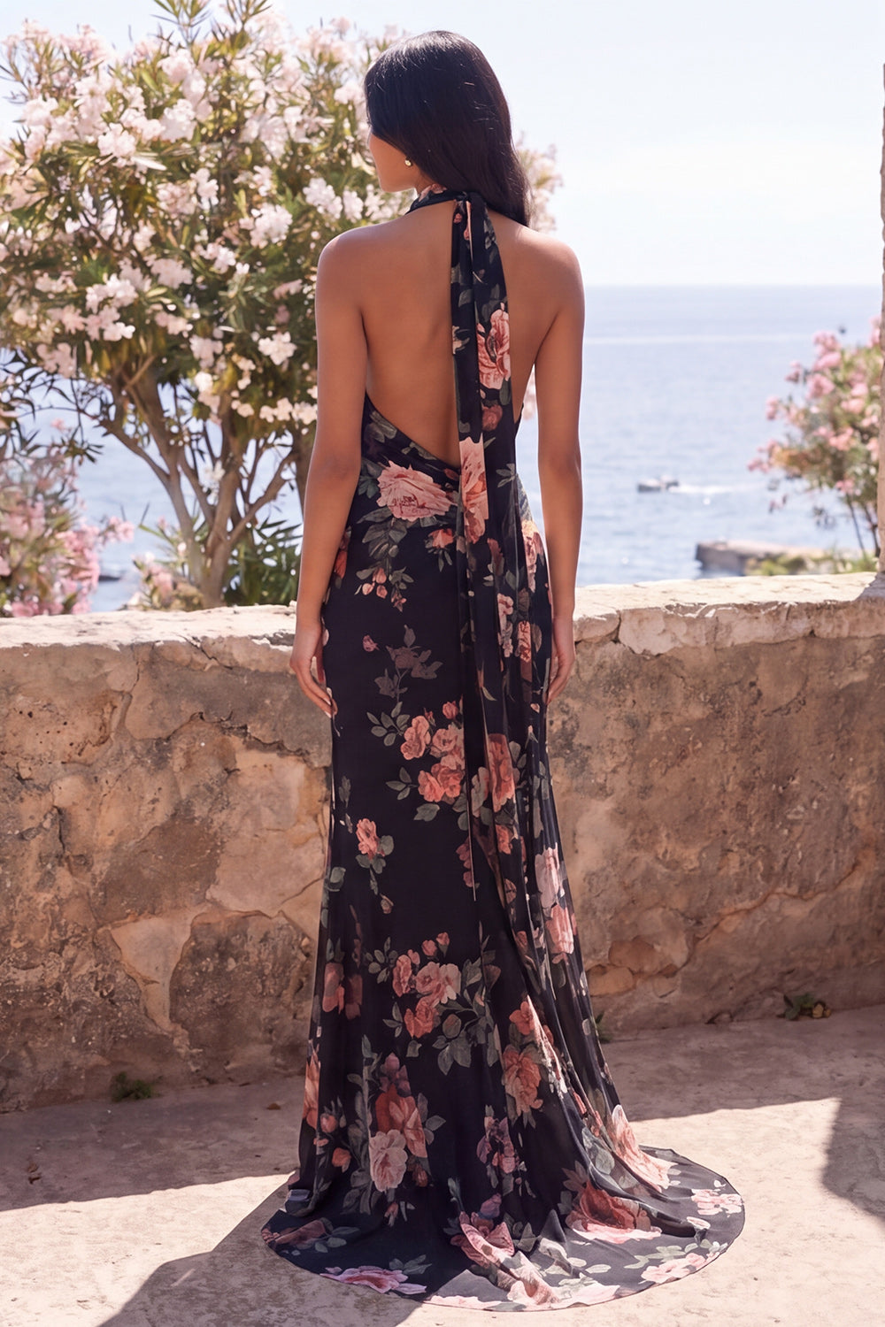 Ruched Ivory Halter Backless Floral Mermaid Long Formal Dress