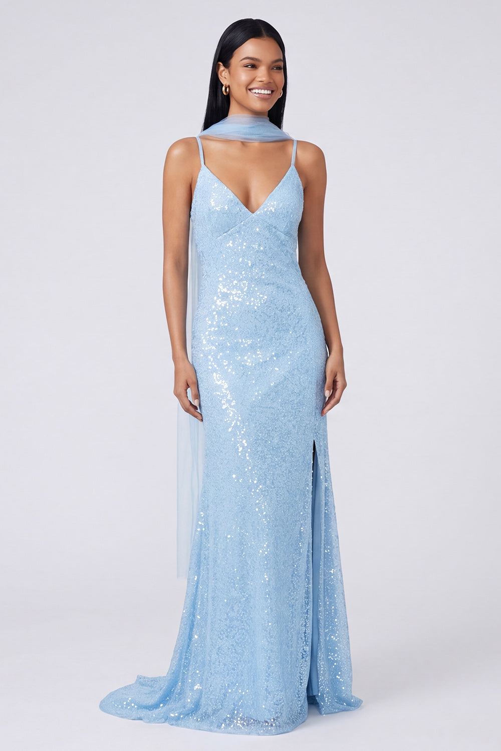 Sparkly Yellow Mermaid V-Neck Sequins Long Formal Dress with Slit