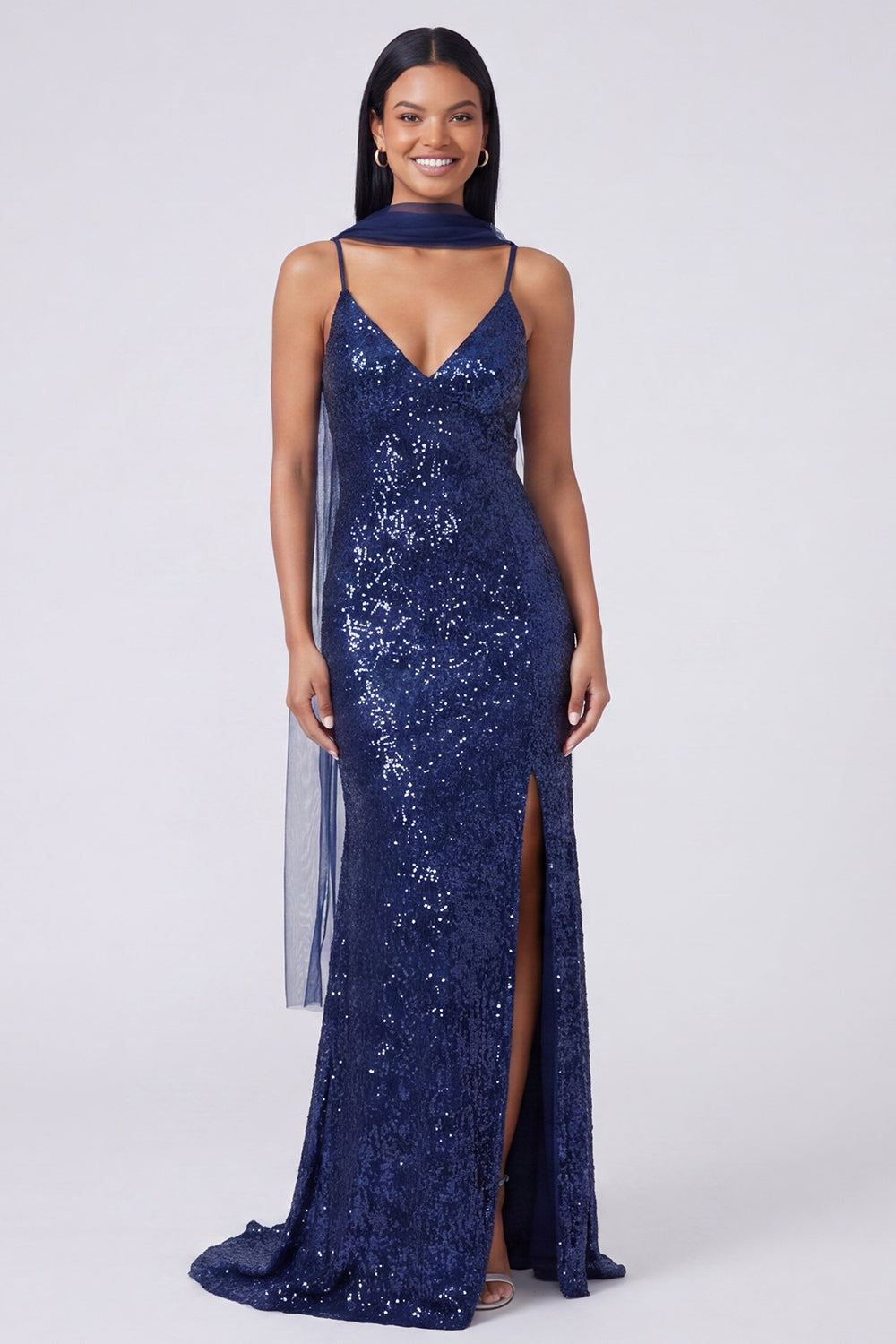 Sparkly Yellow Mermaid V-Neck Sequins Long Formal Dress with Slit