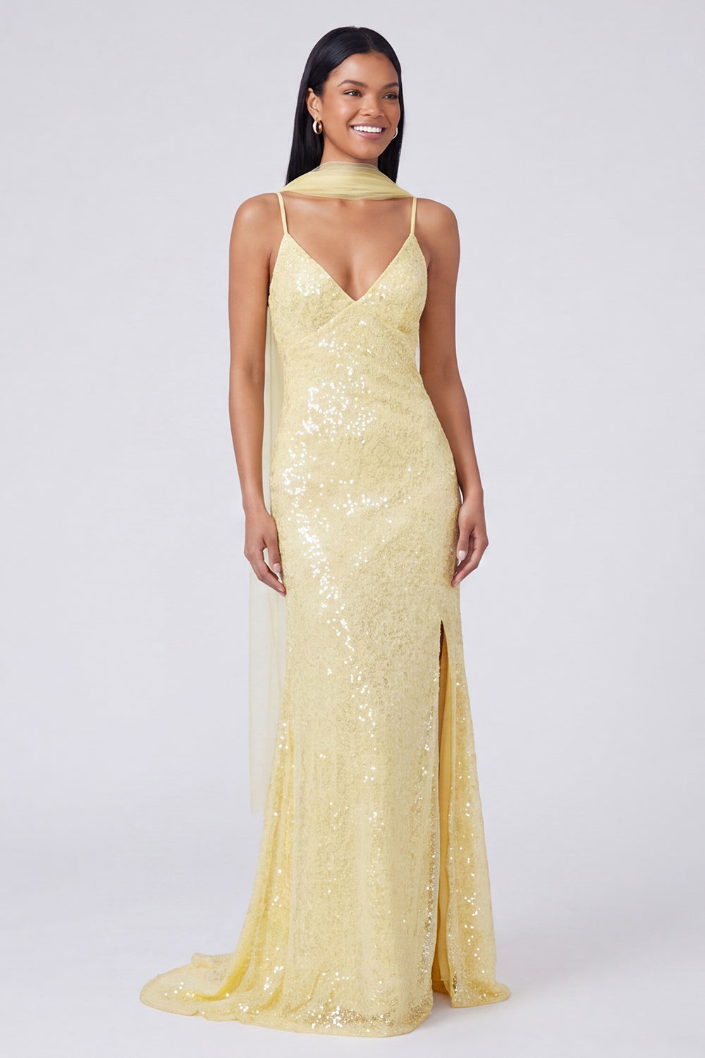 Sparkly Yellow Mermaid V-Neck Sequins Long Formal Dress with Slit