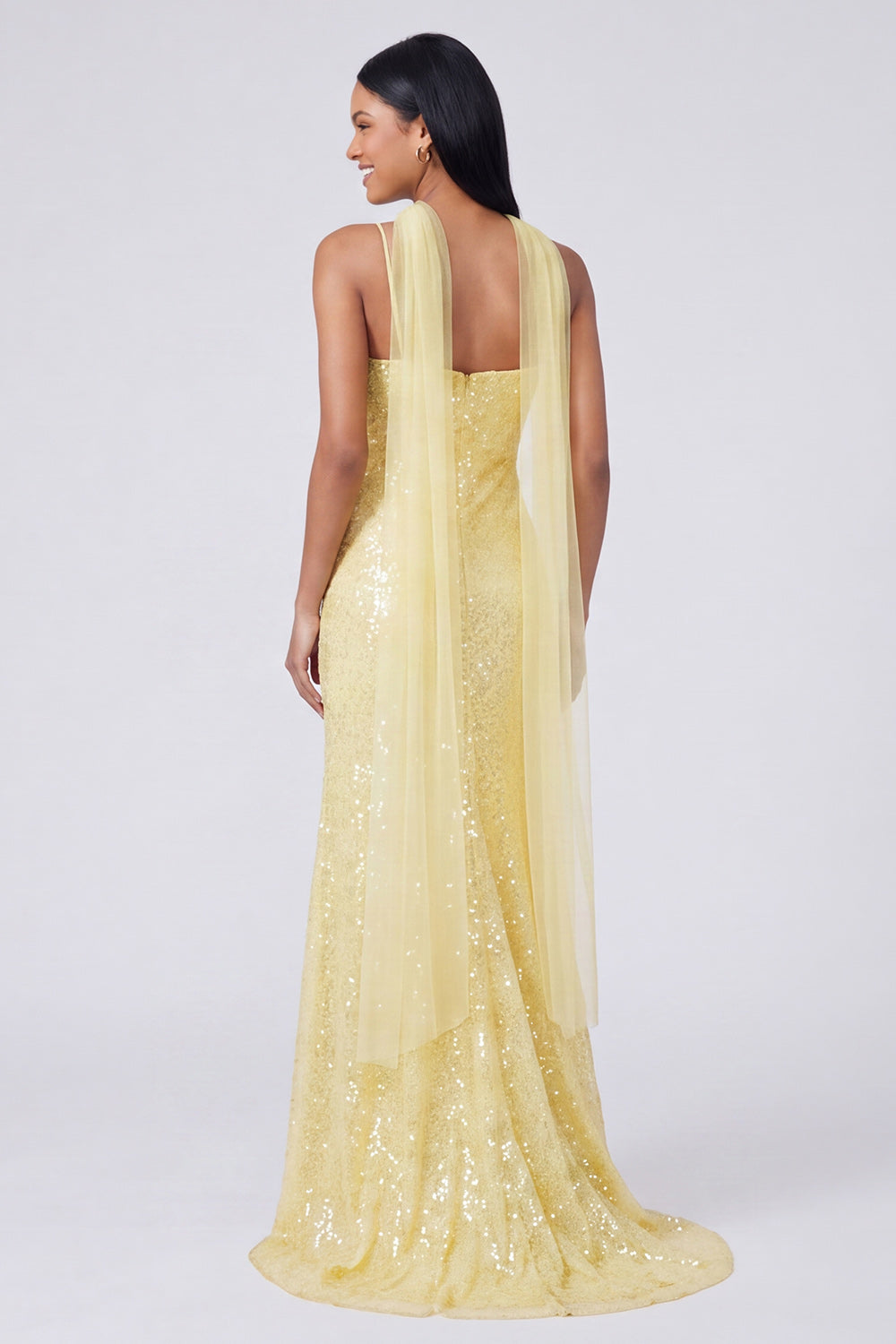 Sparkly Yellow Mermaid V-Neck Sequins Long Formal Dress with Slit