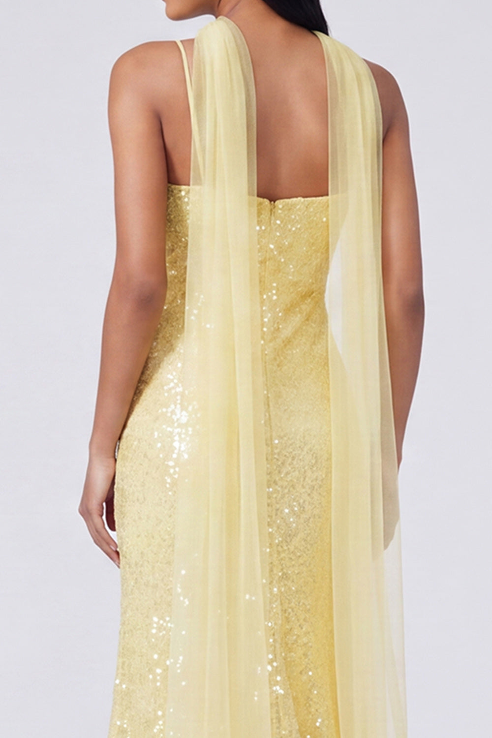 Sparkly Yellow Mermaid V-Neck Sequins Long Formal Dress with Slit