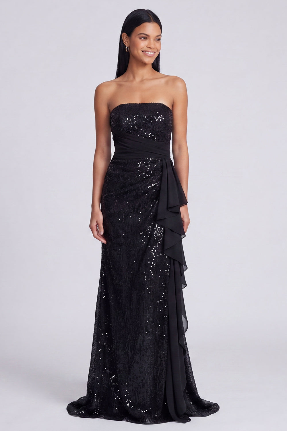 Sparkly Light Pink Mermaid Strapless Ruched Sequins Long Formal Dress with Ruffles