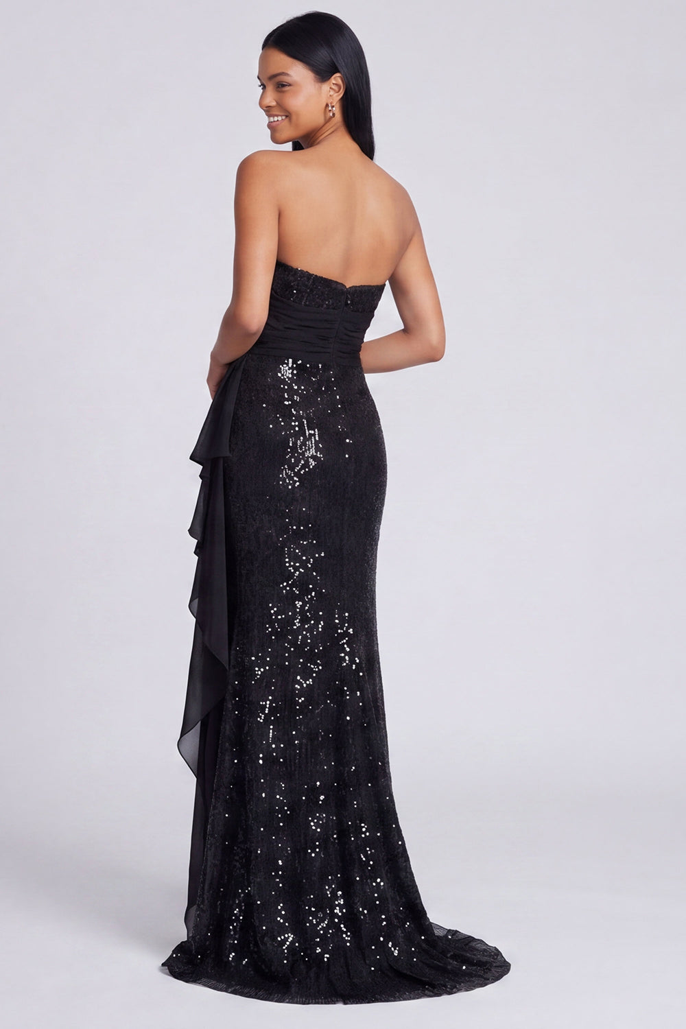 Sparkly Light Pink Mermaid Strapless Ruched Sequins Long Formal Dress with Ruffles