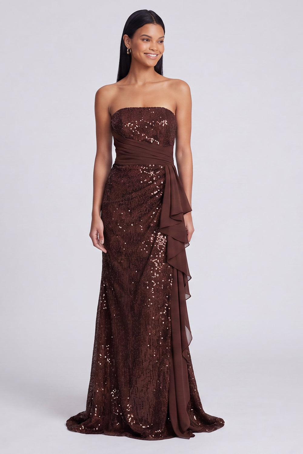 Sparkly Light Pink Mermaid Strapless Ruched Sequins Long Formal Dress with Ruffles