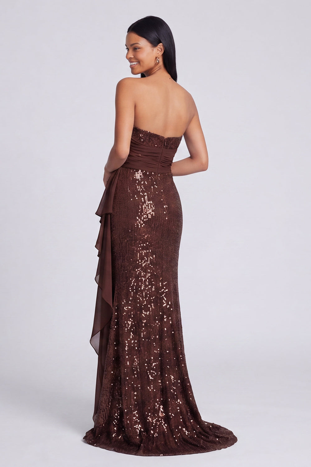 Sparkly Light Pink Mermaid Strapless Ruched Sequins Long Formal Dress with Ruffles