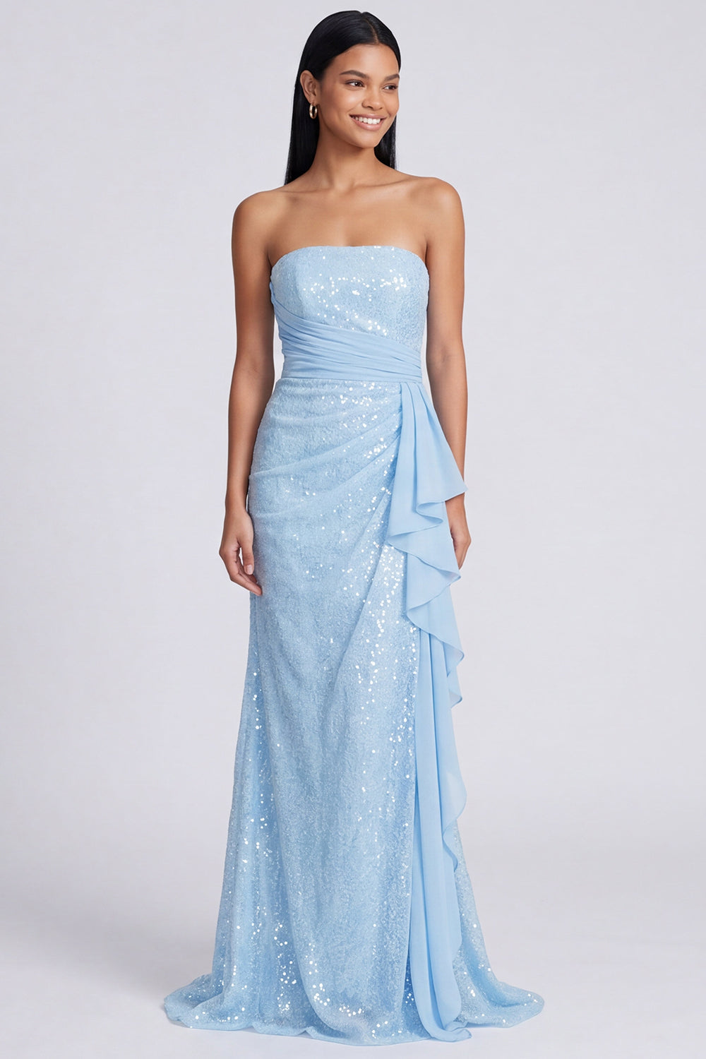Sparkly Light Pink Mermaid Strapless Ruched Sequins Long Formal Dress with Ruffles