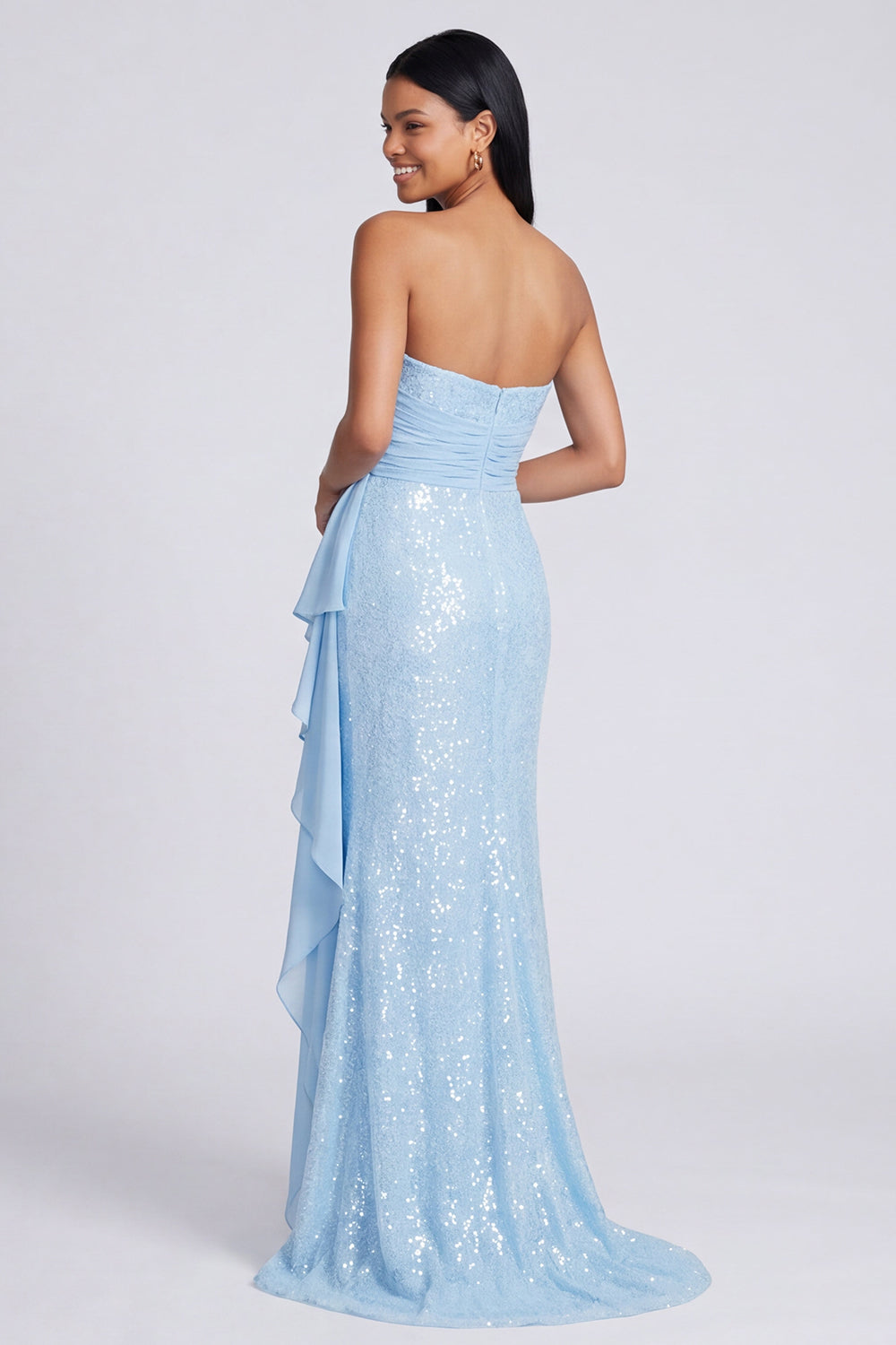 Sparkly Light Pink Mermaid Strapless Ruched Sequins Long Formal Dress with Ruffles