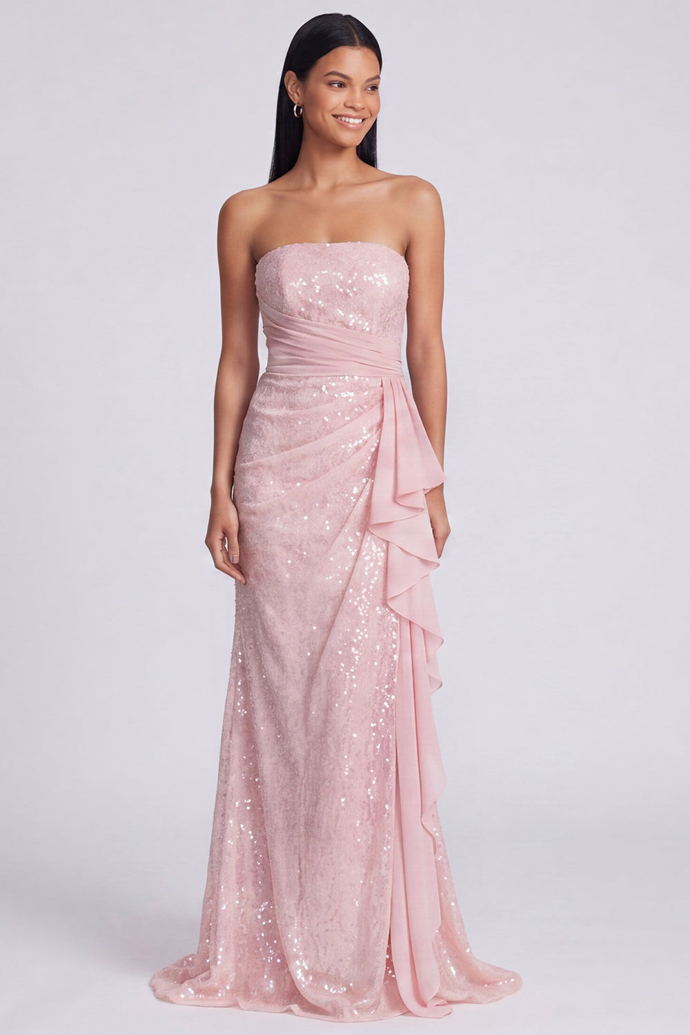 Sparkly Light Pink Mermaid Strapless Ruched Sequins Long Formal Dress with Ruffles