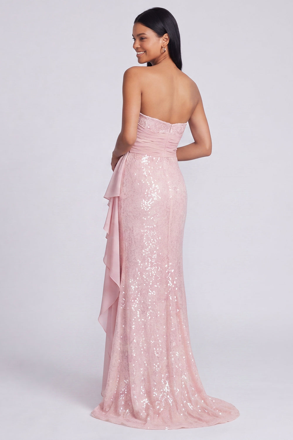 Sparkly Light Pink Mermaid Strapless Ruched Sequins Long Formal Dress with Ruffles