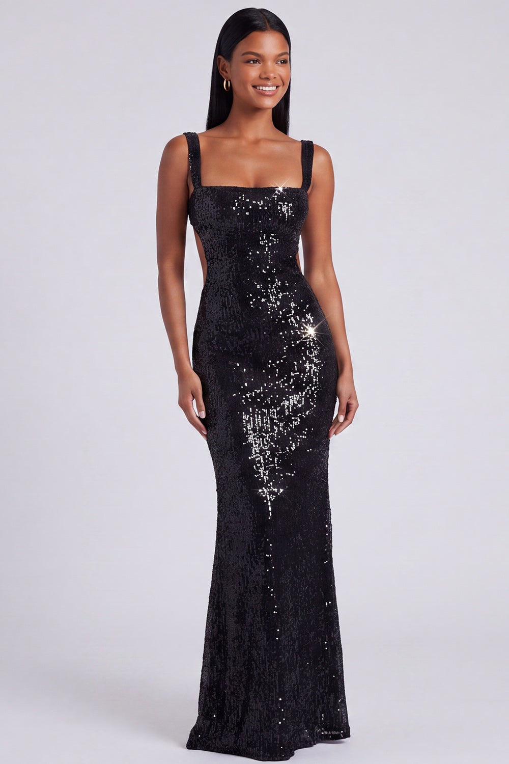 Sparkly Light Blue Mermaid Sequins Square Neck Long Formal Dress