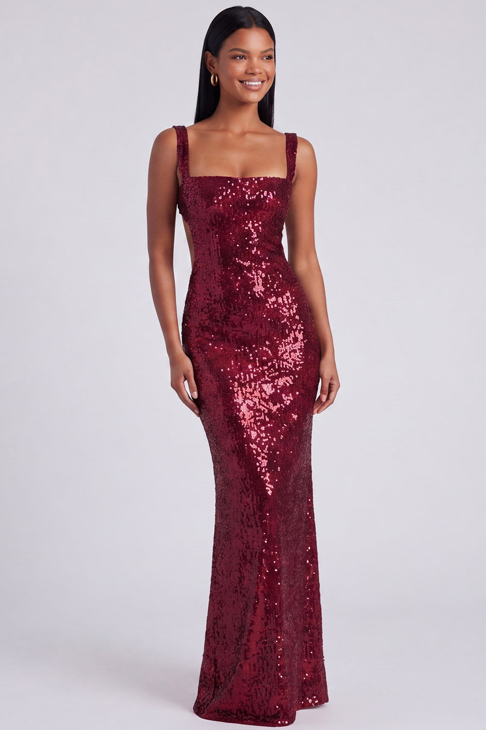 Sparkly Light Blue Mermaid Sequins Square Neck Long Formal Dress