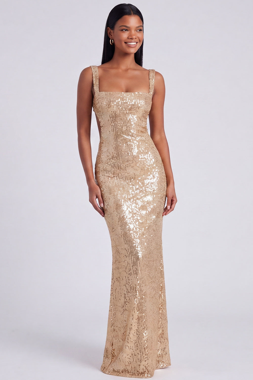 Sparkly Light Blue Mermaid Sequins Square Neck Long Formal Dress