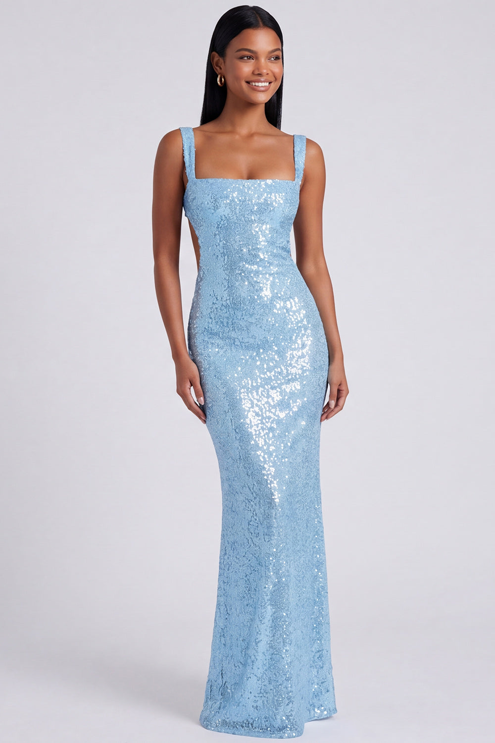 Sparkly Light Blue Mermaid Sequins Square Neck Long Formal Dress
