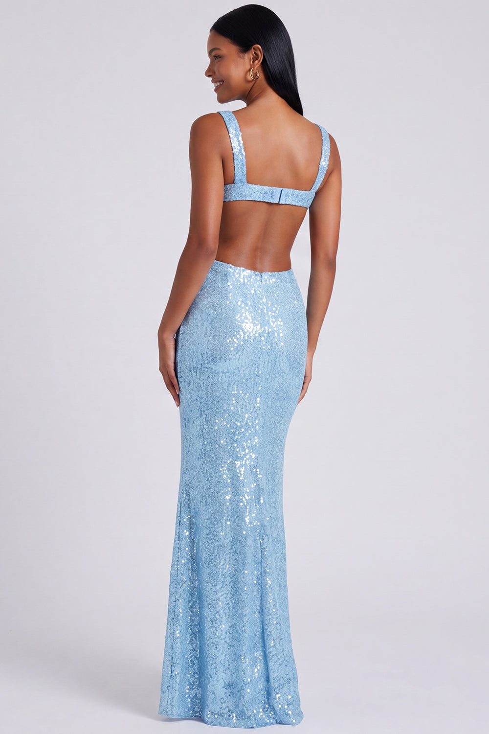 Sparkly Light Blue Mermaid Sequins Square Neck Long Formal Dress