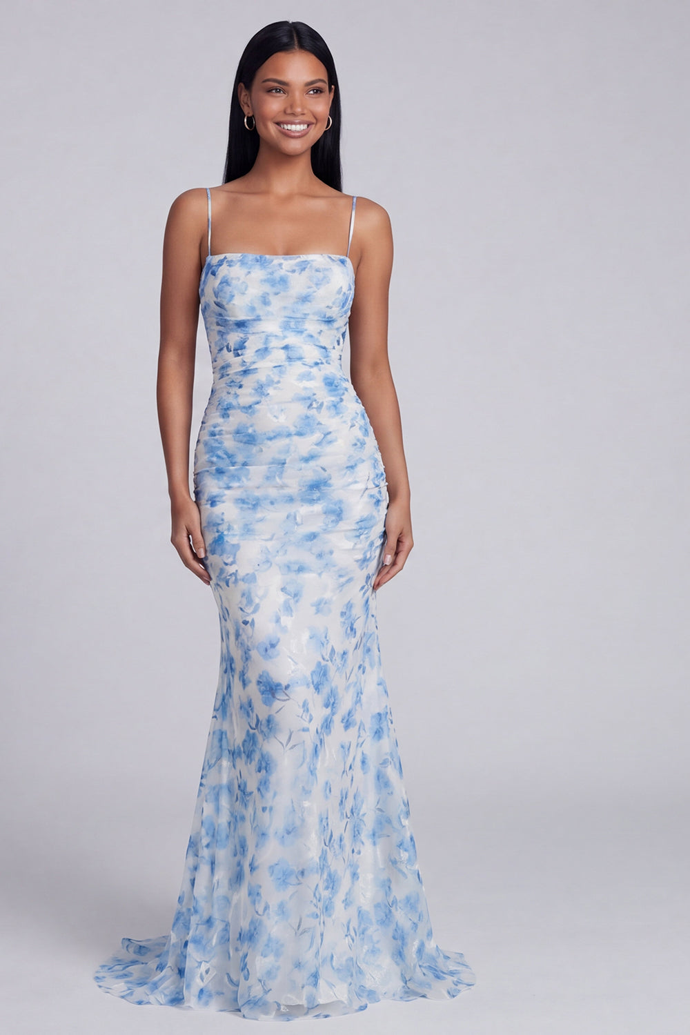 Light Green Ruched Floral Spaghetti Straps Mermaid Long Formal Dress