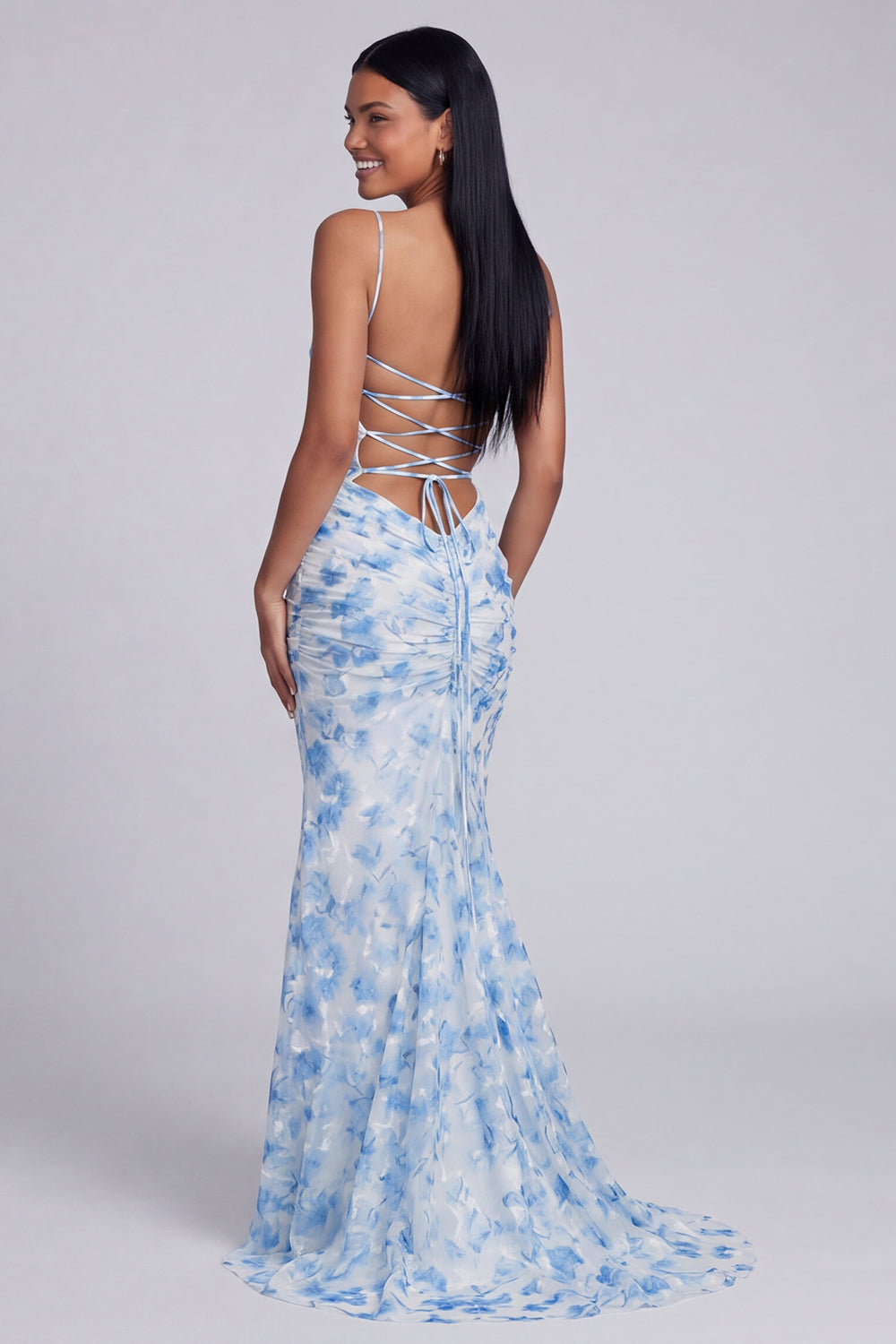 Light Green Ruched Floral Spaghetti Straps Mermaid Long Formal Dress