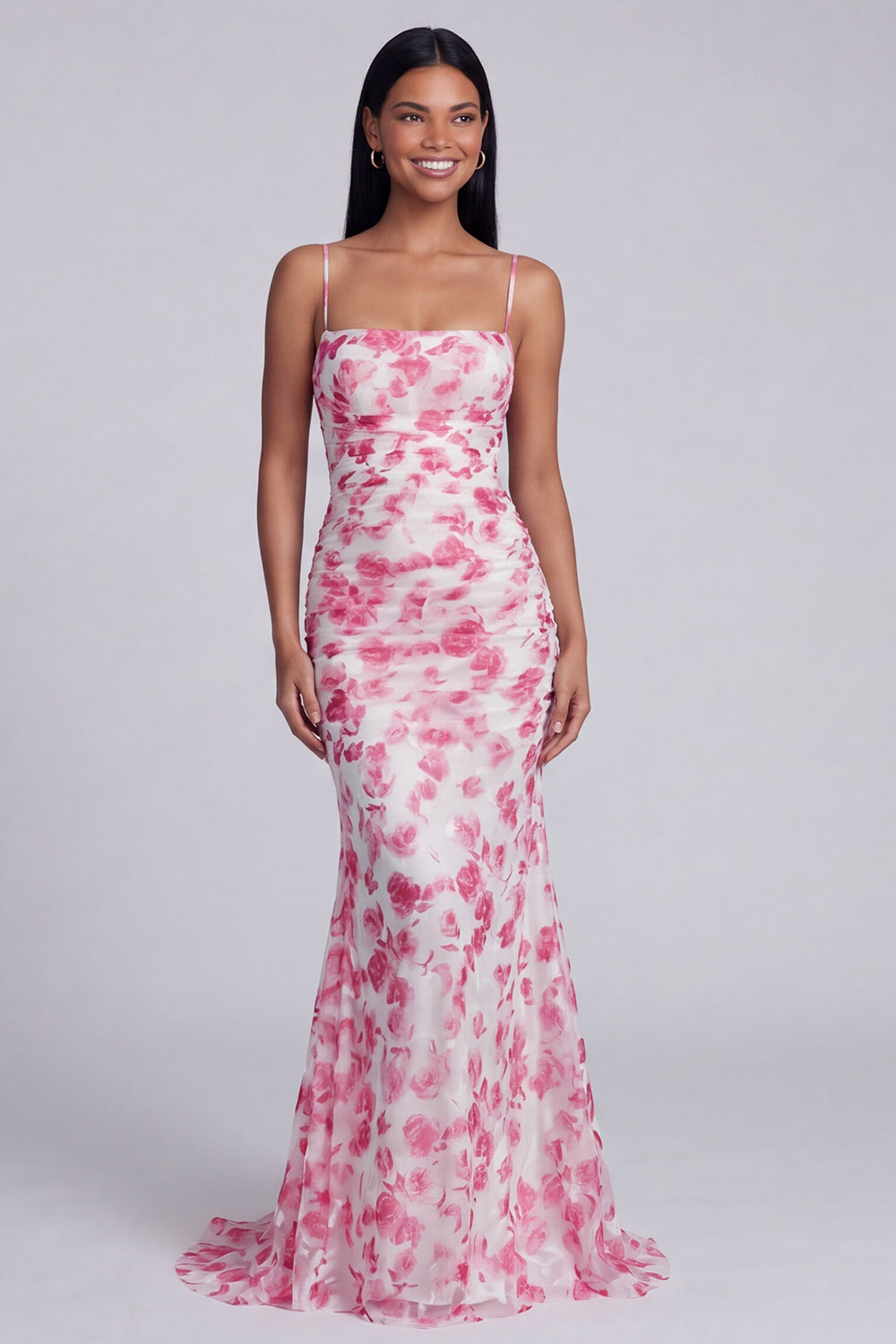 Light Green Ruched Floral Spaghetti Straps Mermaid Long Formal Dress
