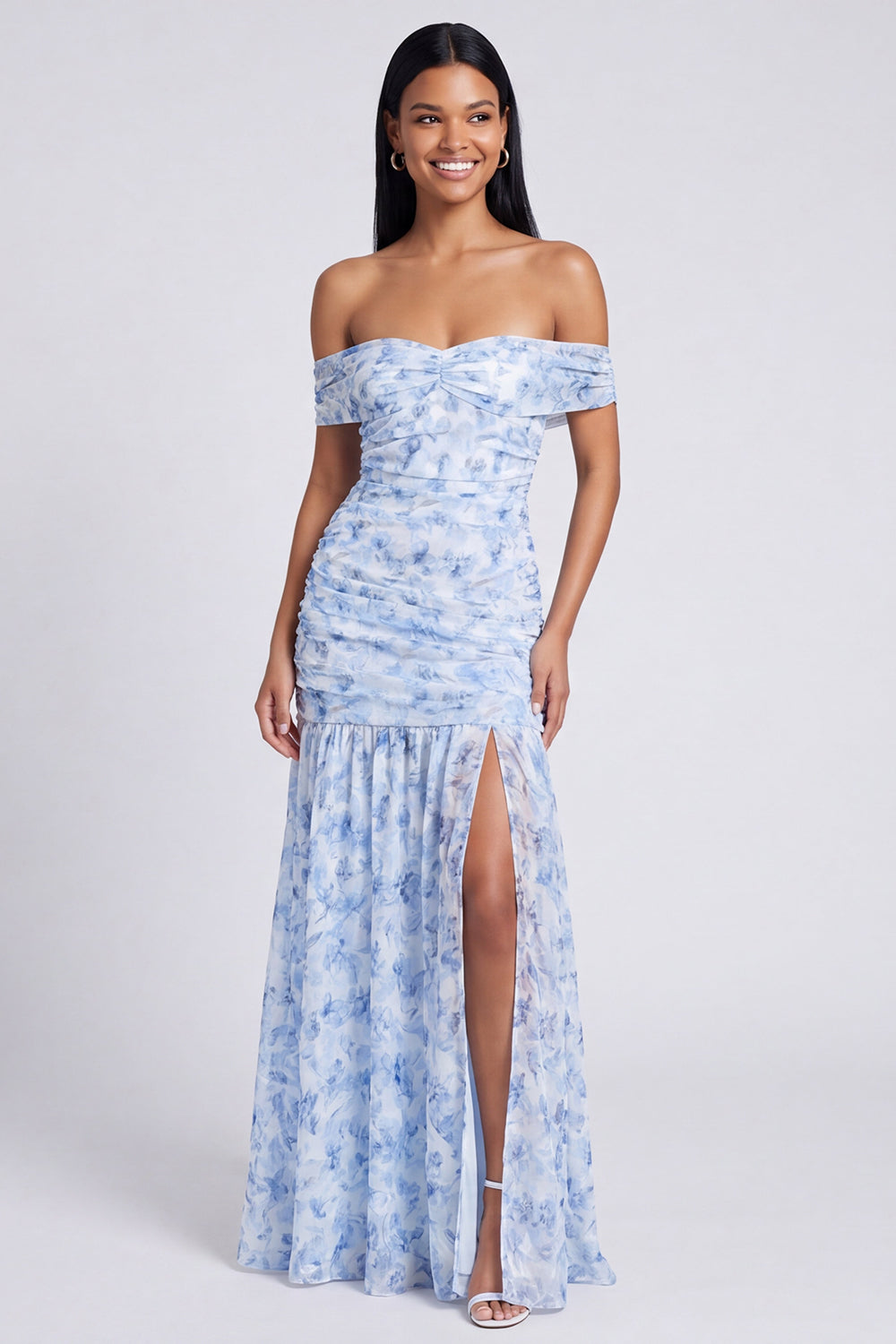 Pink Floral Ruched Mermaid Off the Shoulder Long Formal Dress with Slit