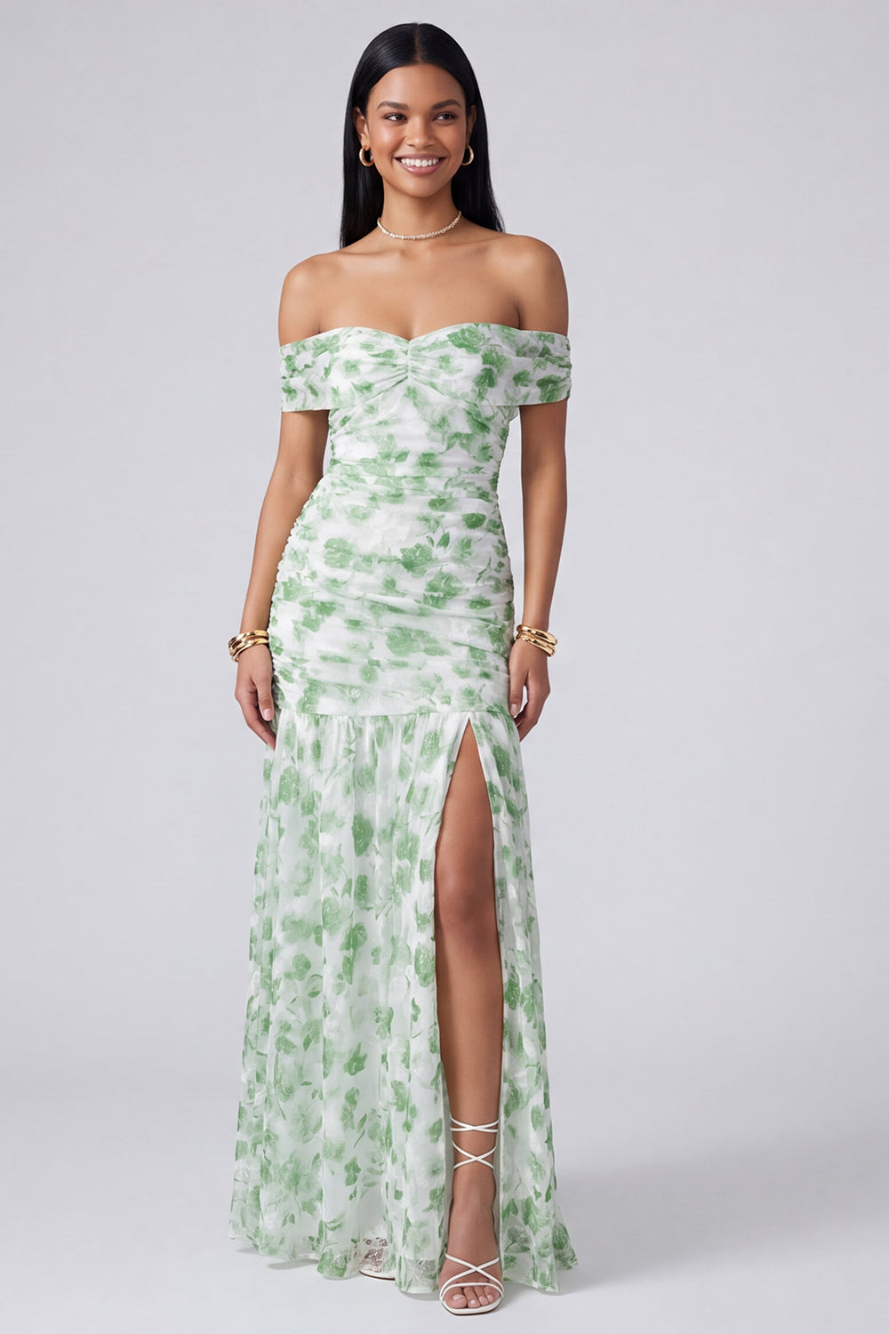 Pink Floral Ruched Mermaid Off the Shoulder Long Formal Dress with Slit