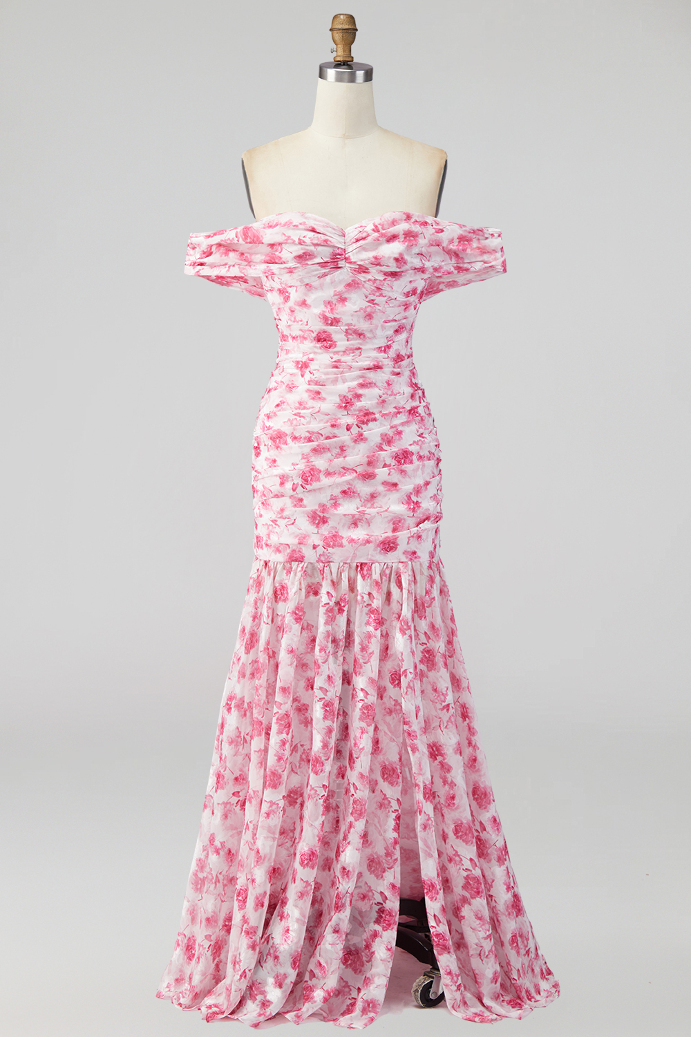 Pink Floral Ruched Mermaid Off the Shoulder Long Formal Dress with Slit