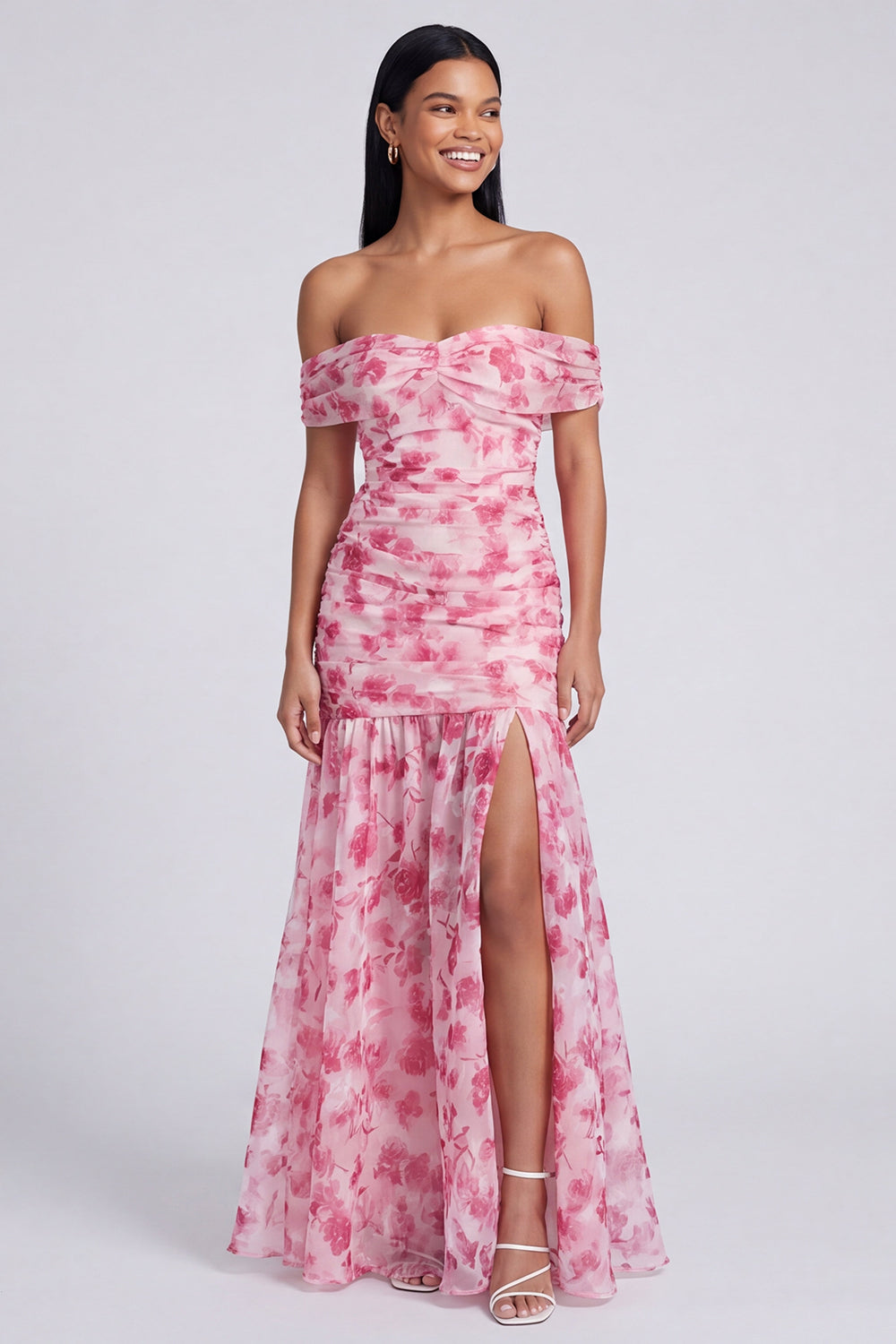 Pink Floral Ruched Mermaid Off the Shoulder Long Formal Dress with Slit