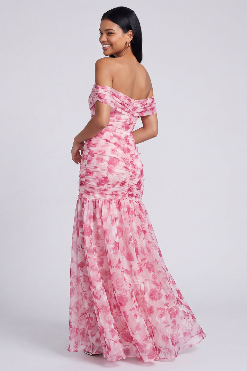 Pink Floral Ruched Mermaid Off the Shoulder Long Formal Dress with Slit