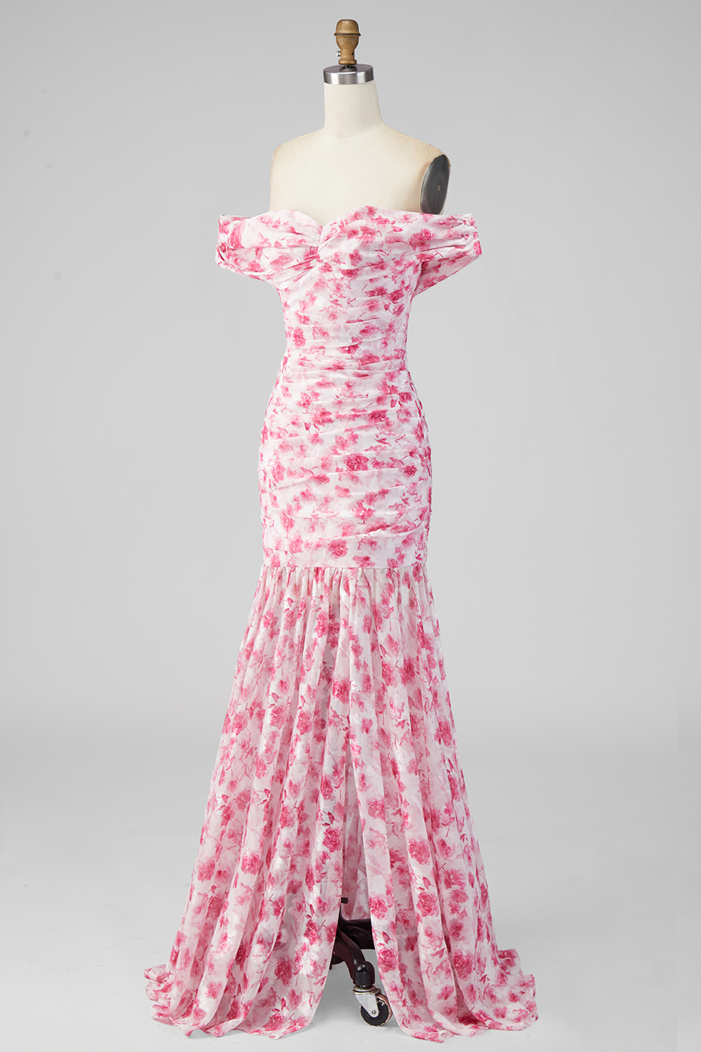Pink Floral Ruched Mermaid Off the Shoulder Long Formal Dress with Slit