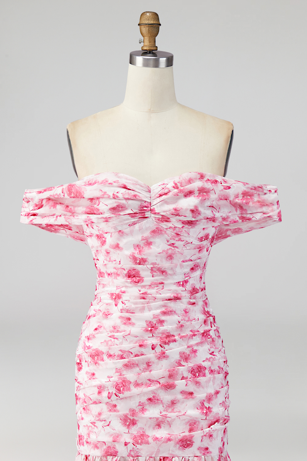 Pink Floral Ruched Mermaid Off the Shoulder Long Formal Dress with Slit