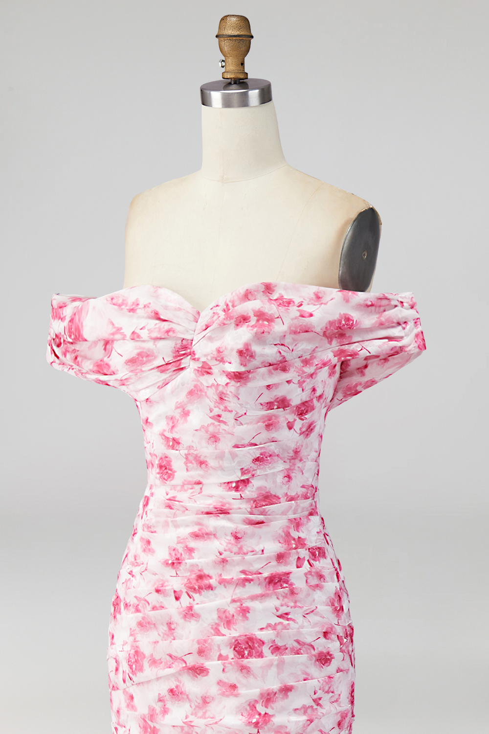 Pink Floral Ruched Mermaid Off the Shoulder Long Formal Dress with Slit