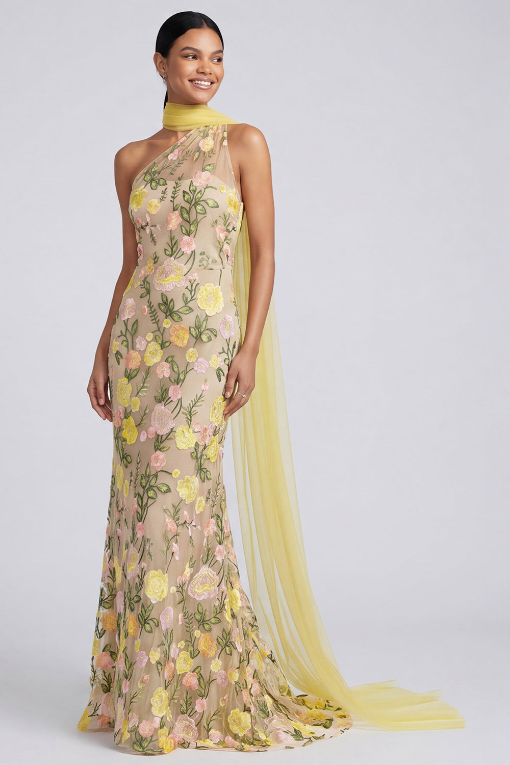 Butter Yellow Floral One Shoulder Embroidered Mermaid Long Formal Dress