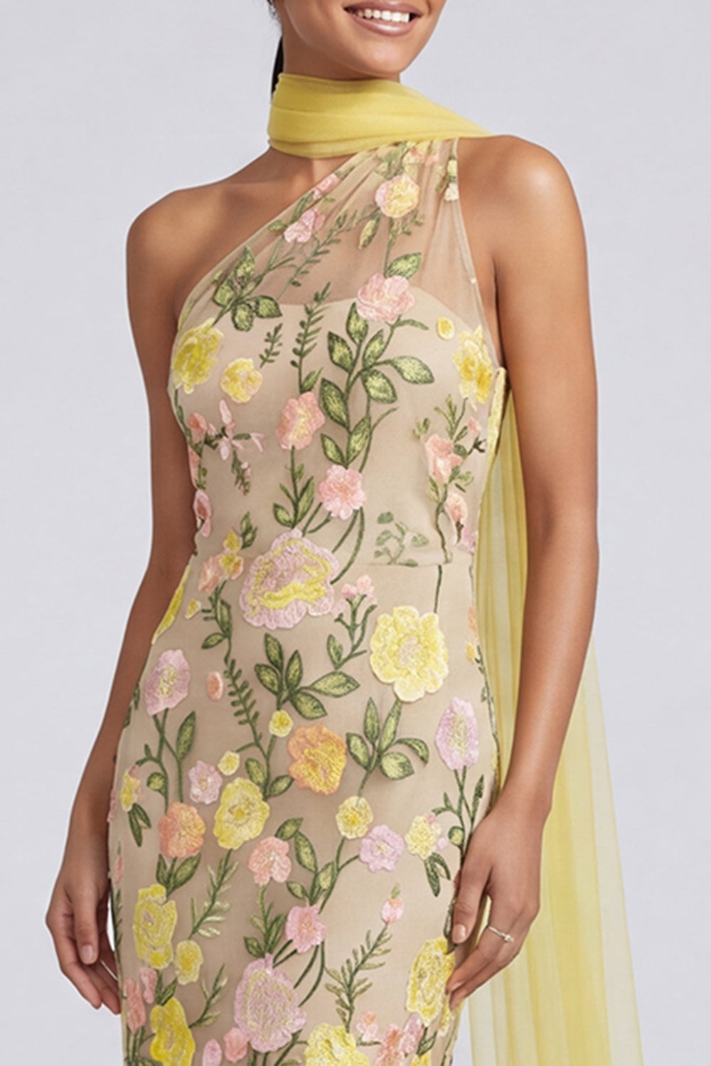 Butter Yellow Floral One Shoulder Embroidered Mermaid Long Formal Dress