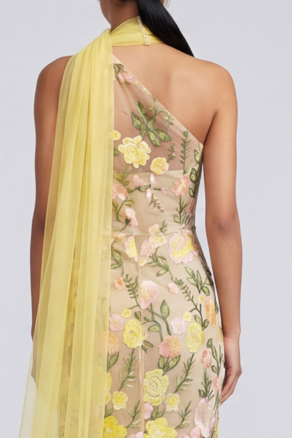 Butter Yellow Floral One Shoulder Embroidered Mermaid Long Formal Dress