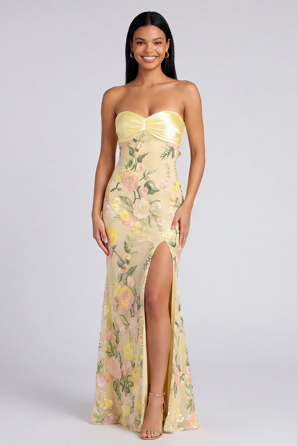 Butter Yellow Mermaid Strapless Floral Long Formal Dress with Slit