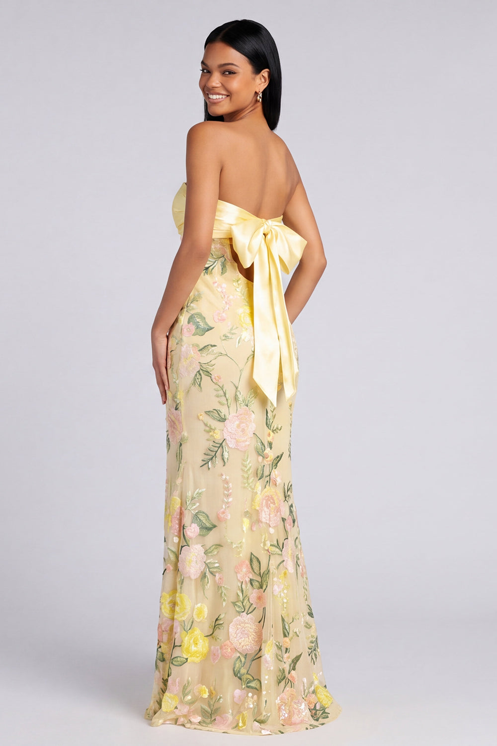 Butter Yellow Mermaid Strapless Floral Long Formal Dress with Slit