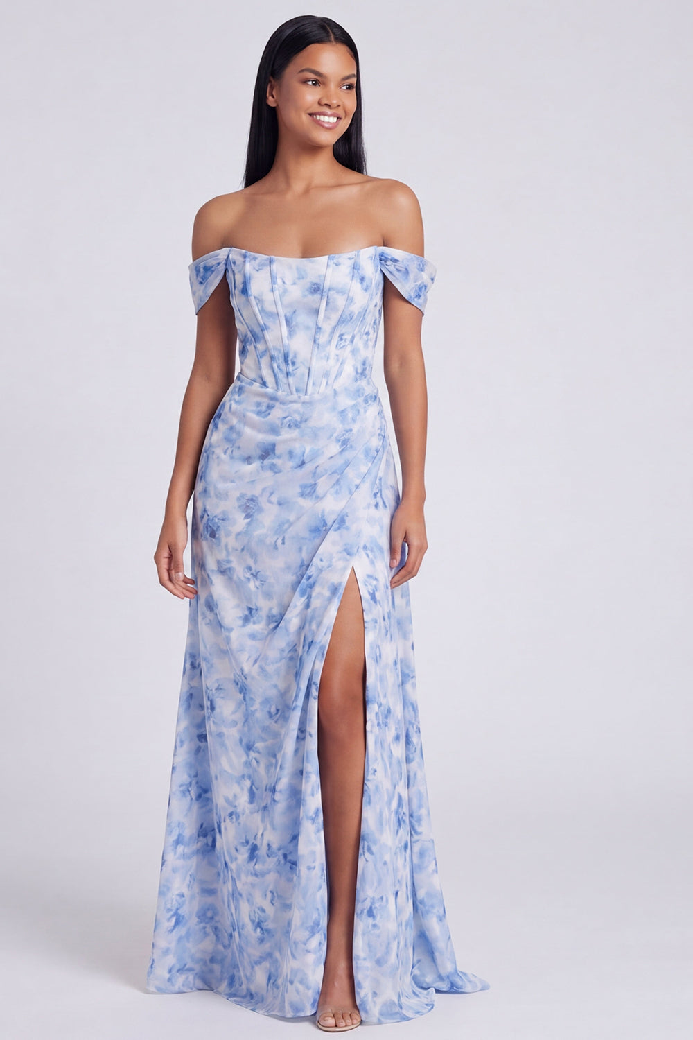Light Blue Floral Mermaid Ruched Corset Long Formal Dress with Slit
