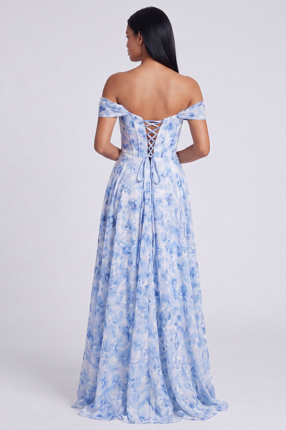Light Blue Floral Mermaid Ruched Corset Long Formal Dress with Slit