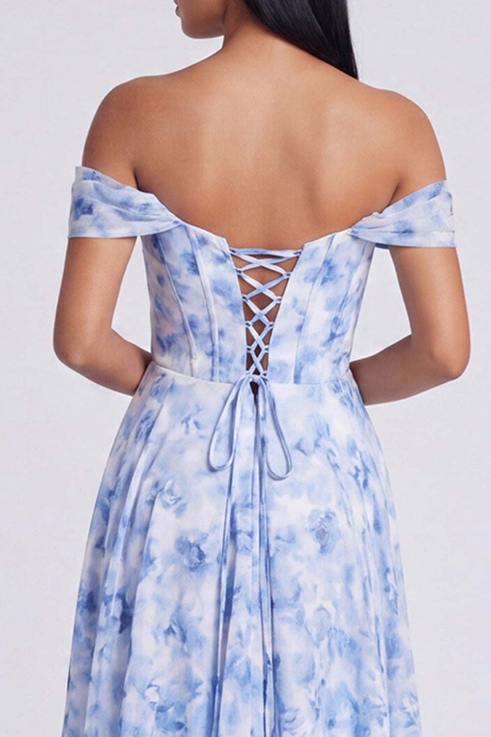 Light Blue Floral Mermaid Ruched Corset Long Formal Dress with Slit