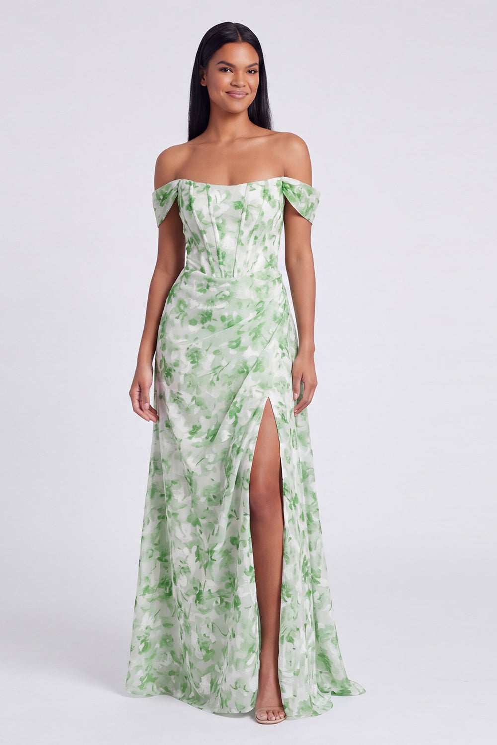 Light Blue Floral Mermaid Ruched Corset Long Formal Dress with Slit