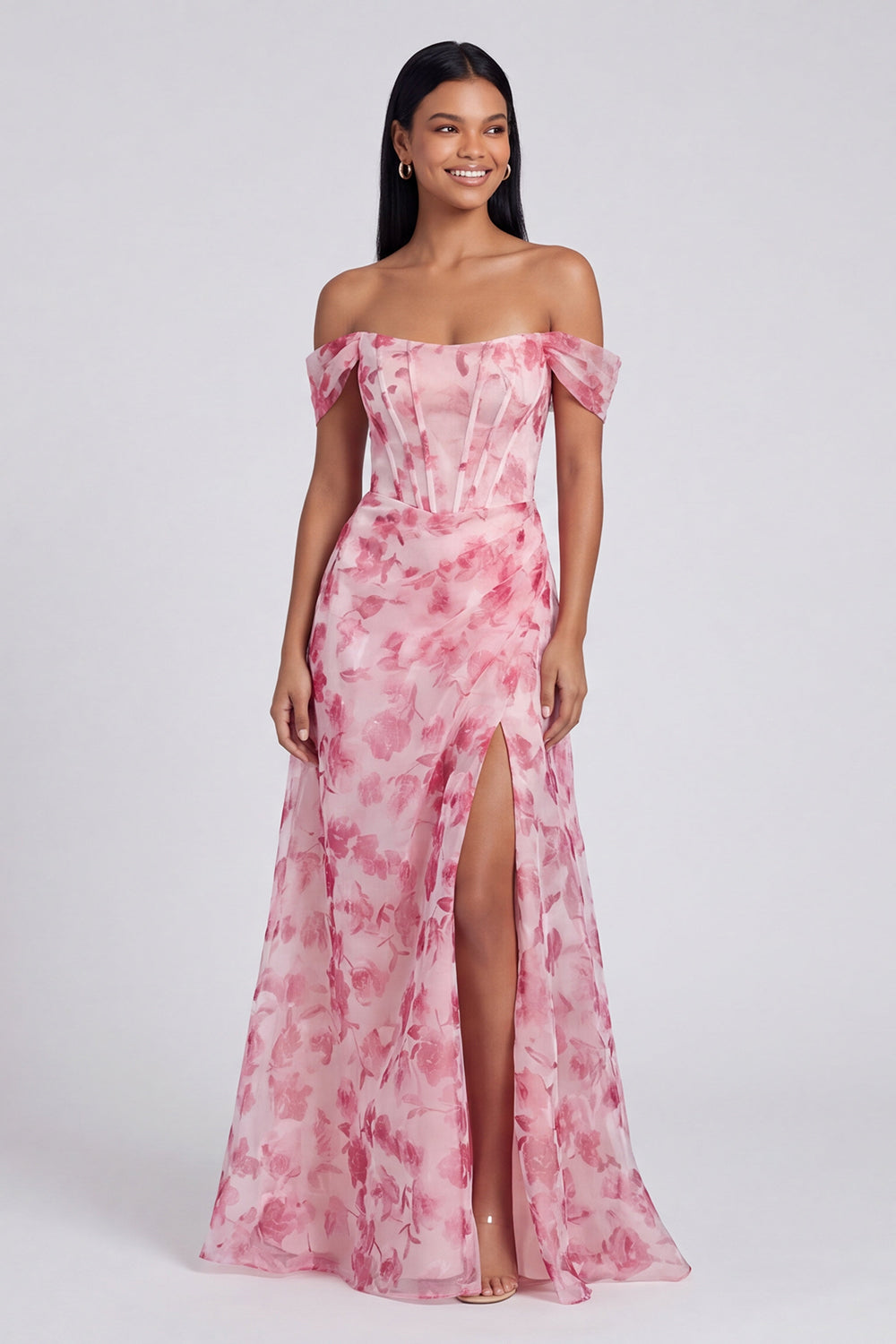Light Blue Floral Mermaid Ruched Corset Long Formal Dress with Slit