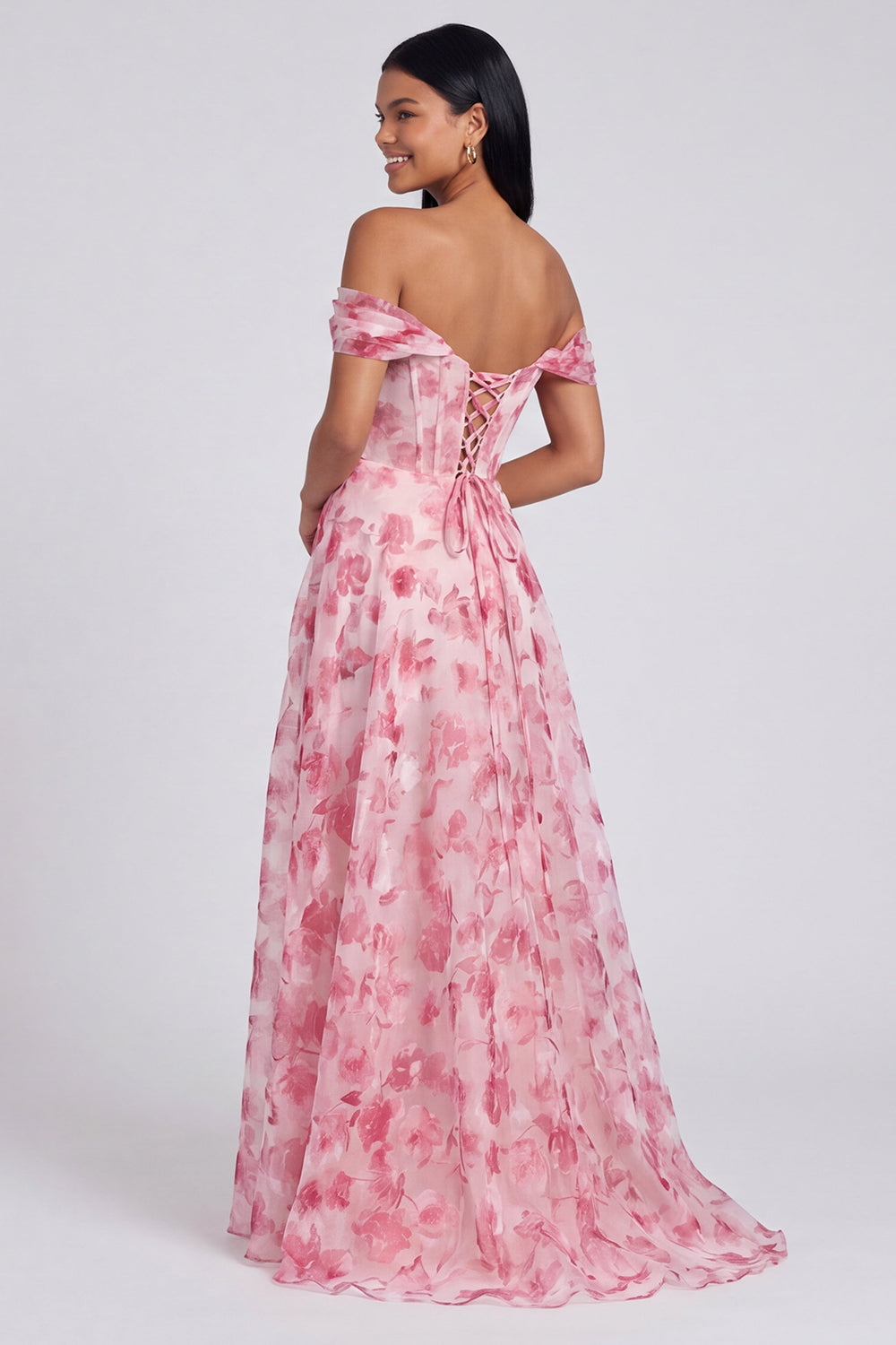 Light Blue Floral Mermaid Ruched Corset Long Formal Dress with Slit
