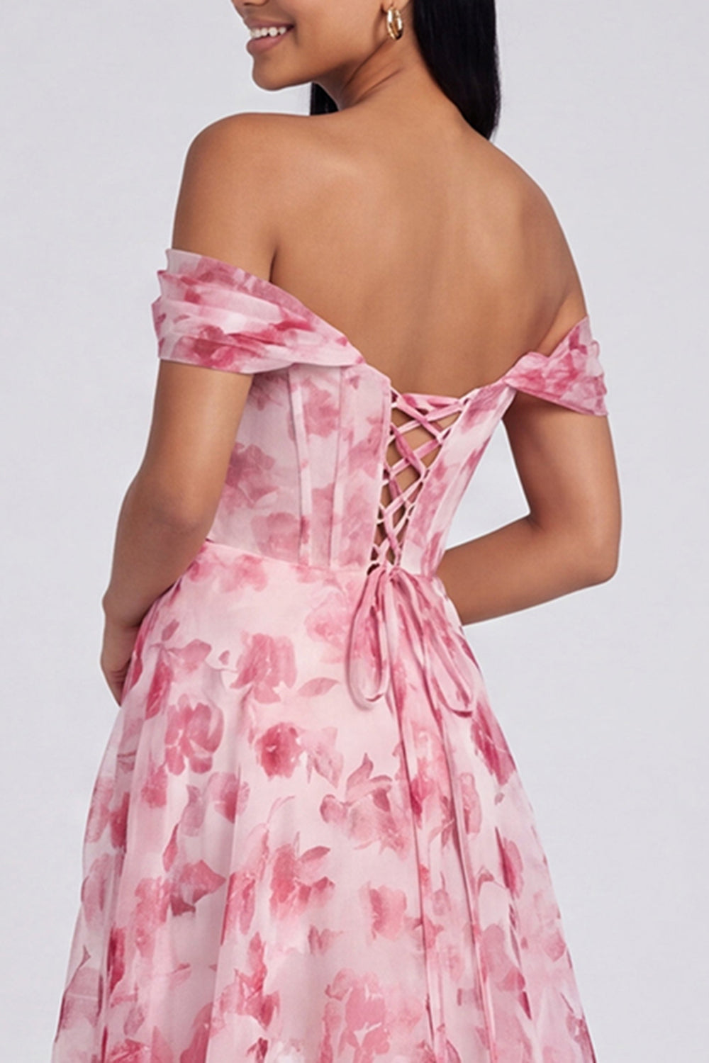 Light Blue Floral Mermaid Ruched Corset Long Formal Dress with Slit
