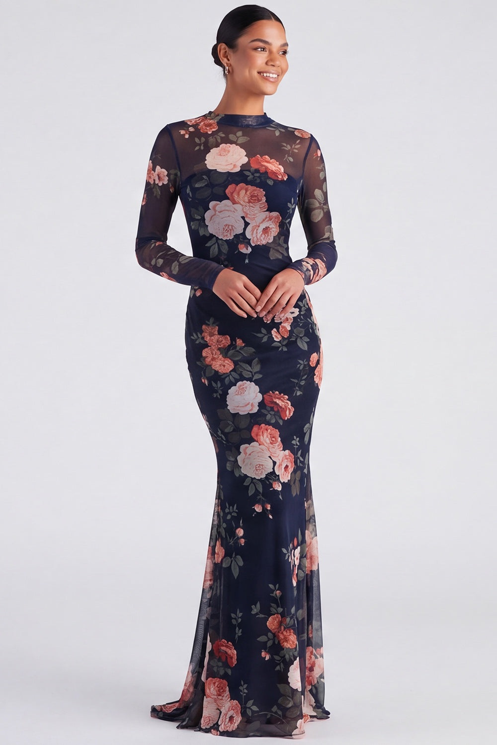 Ivory Bateau Neck Mermaid Floral Long Sleeves Formal Dress