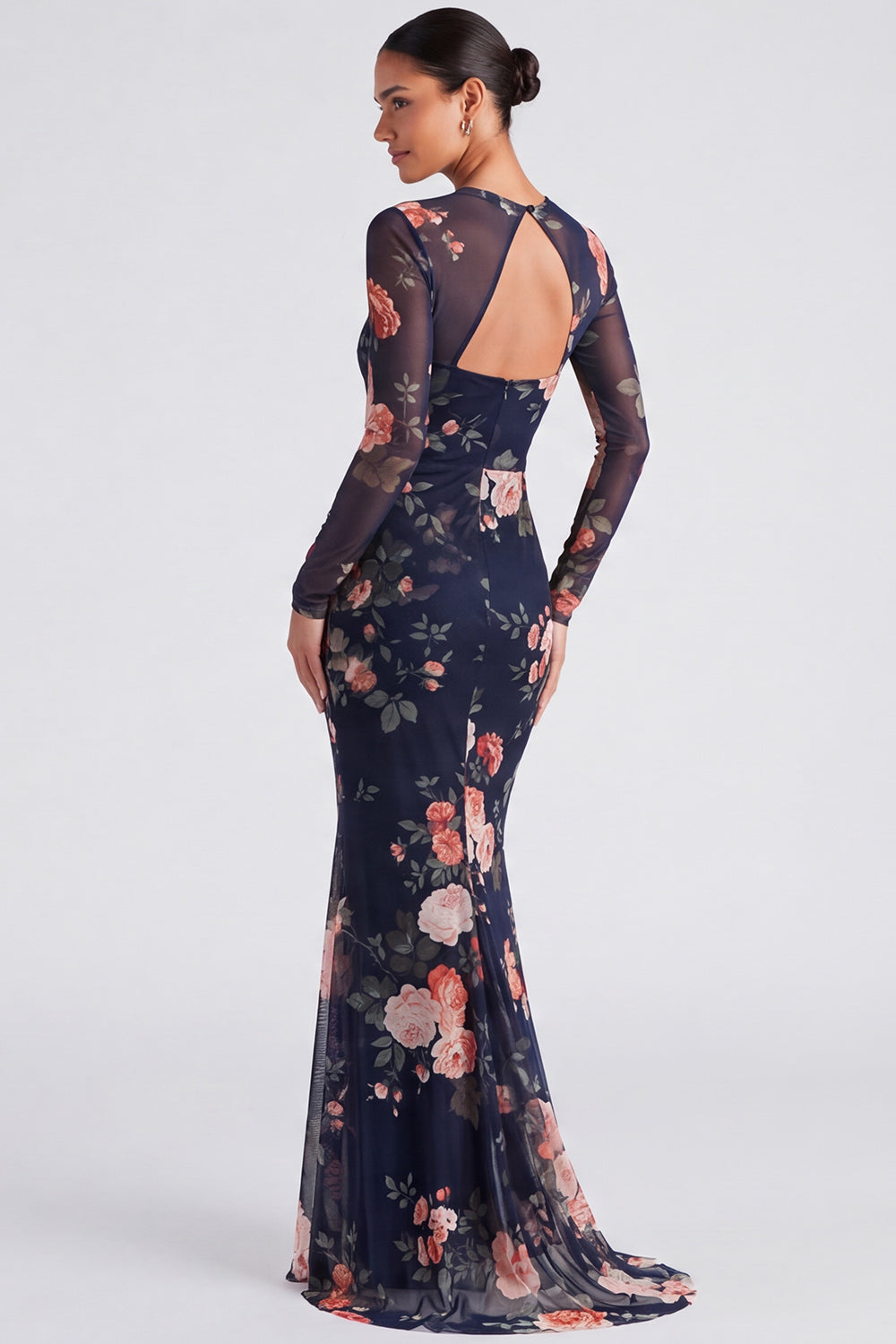 Ivory Bateau Neck Mermaid Floral Long Sleeves Formal Dress