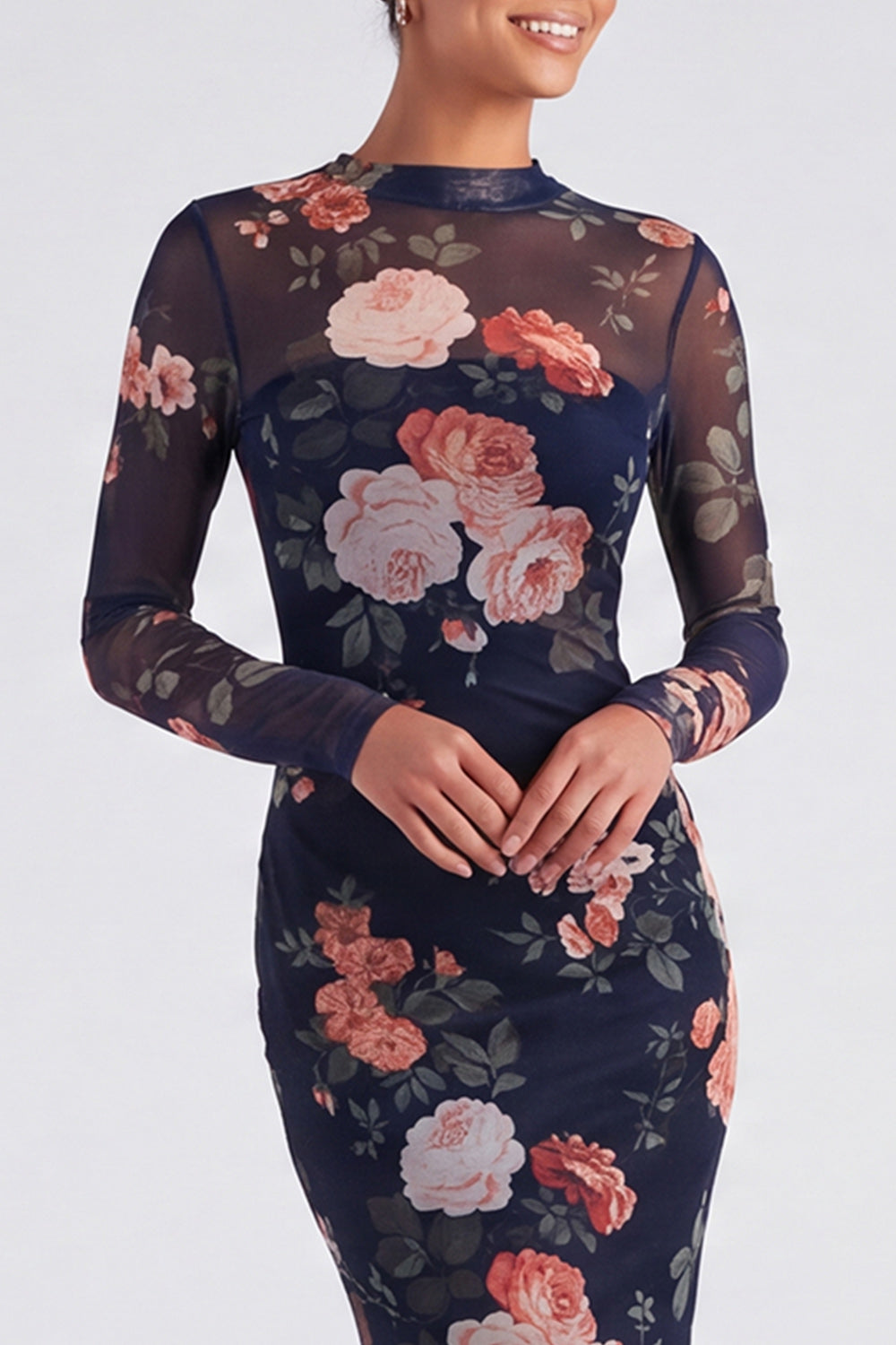 Ivory Bateau Neck Mermaid Floral Long Sleeves Formal Dress