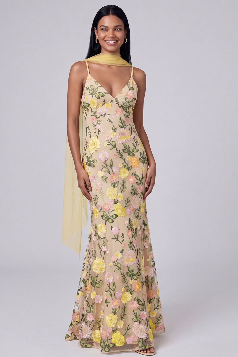 Butter Yellow Floral Spaghetti Straps Embroidered Mermaid Long Formal Dress