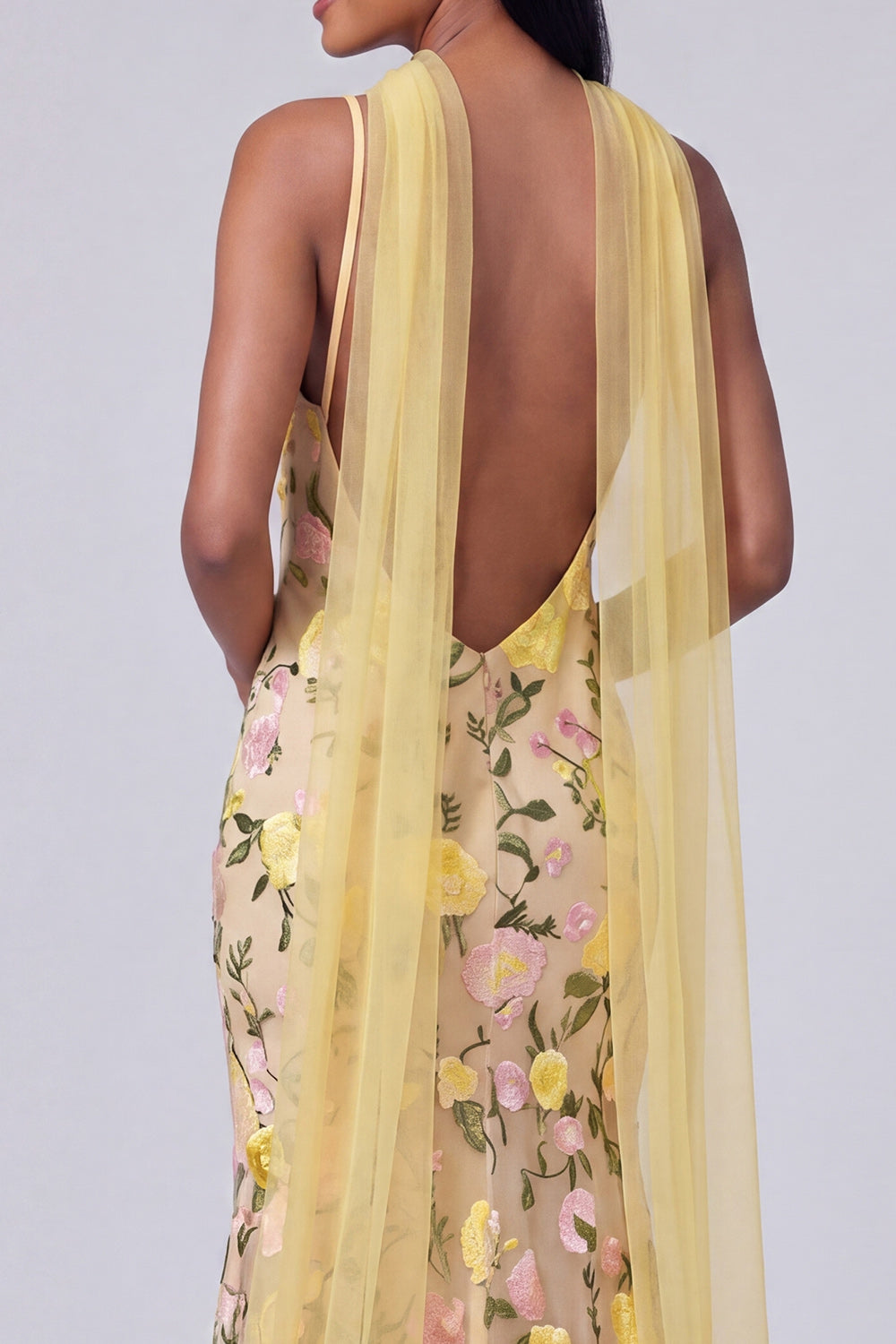 Butter Yellow Floral Spaghetti Straps Embroidered Mermaid Long Formal Dress