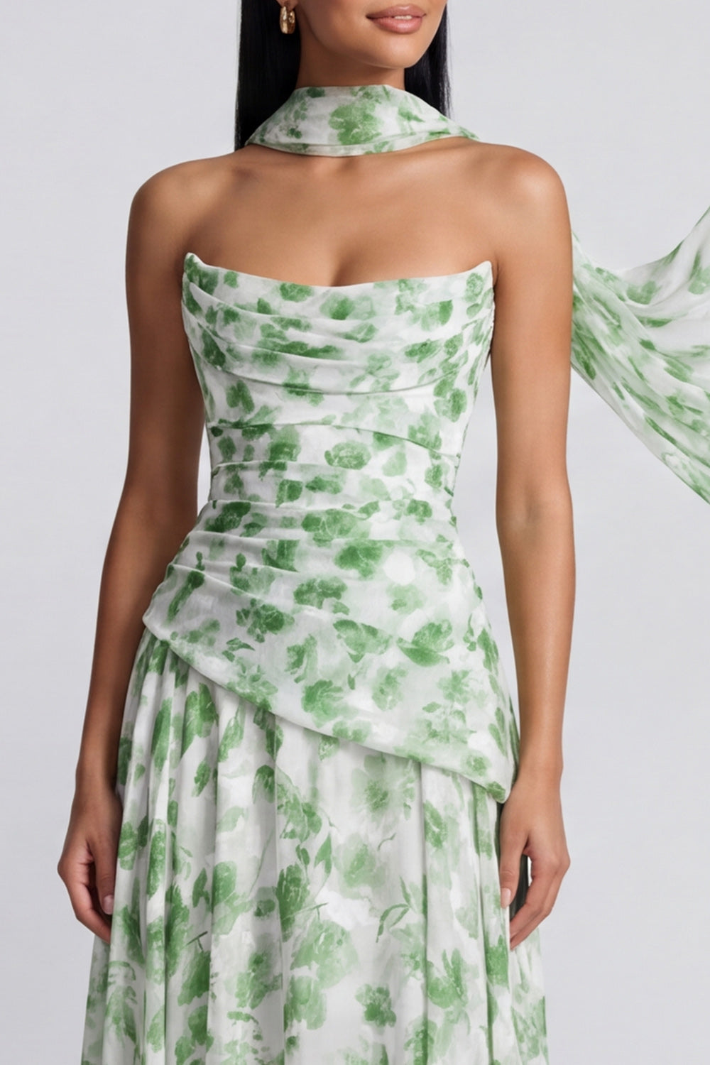 Light Green Floral Strapless Ruched A Line Long Formal Dress